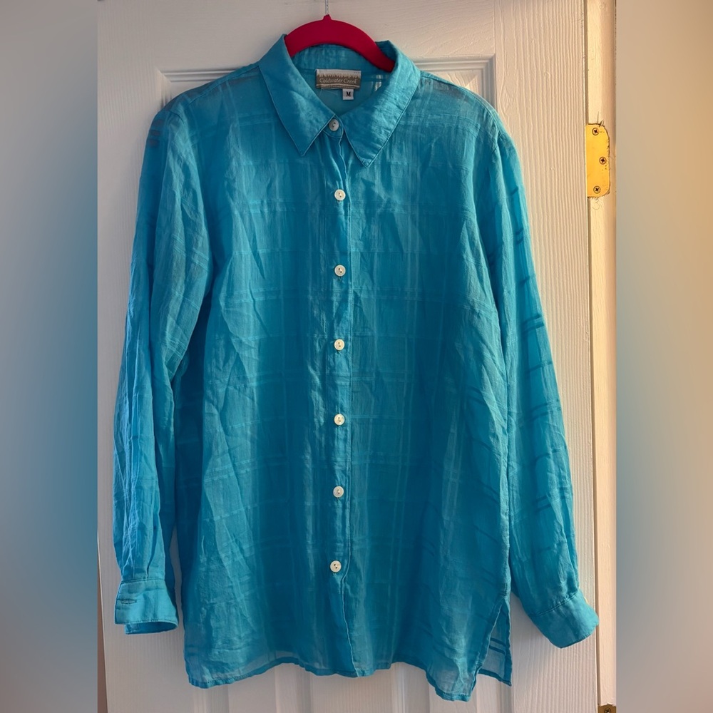Coldwater Creek Turquoise Semi Sheer Gauzy Button Up Shirt Size M